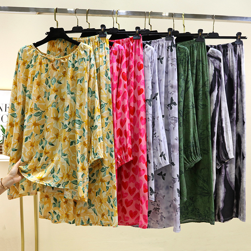 Cotton Silk Vintage Printed Home Clothes Summer Thin Round Neck Long Sleeve Mid-length T-shirt Loose Wide Leg Pants Casual