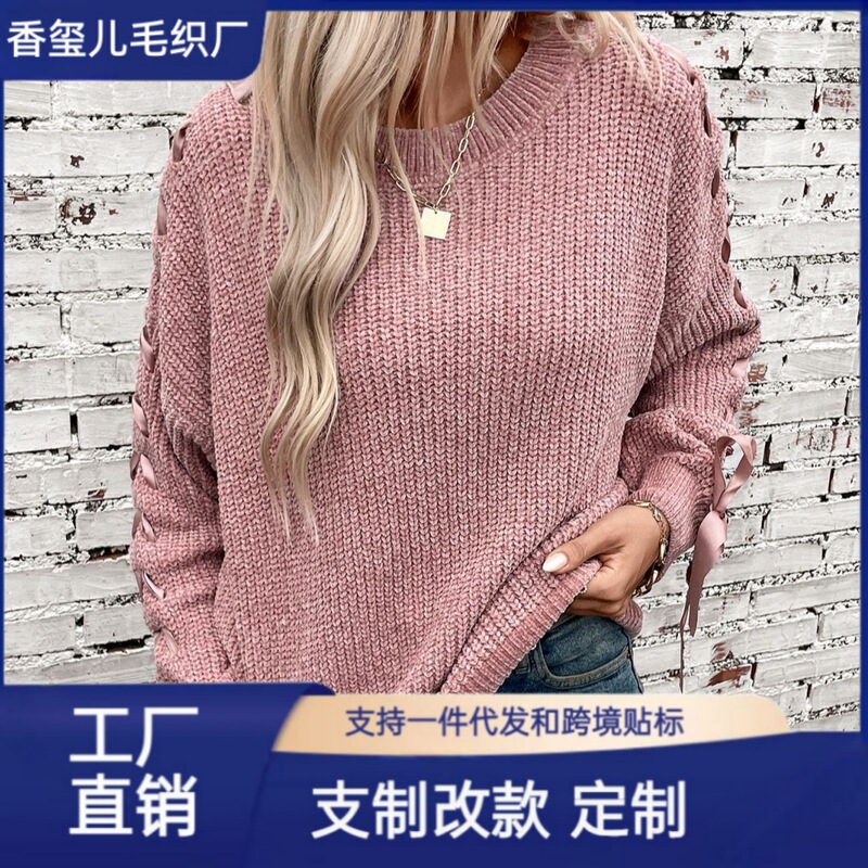 Cross-Border Amazon Lace-Up Bow Pullover Autumn and Winter Sweater Loose Casual Long-Sleeved Sweater European and American Clothing