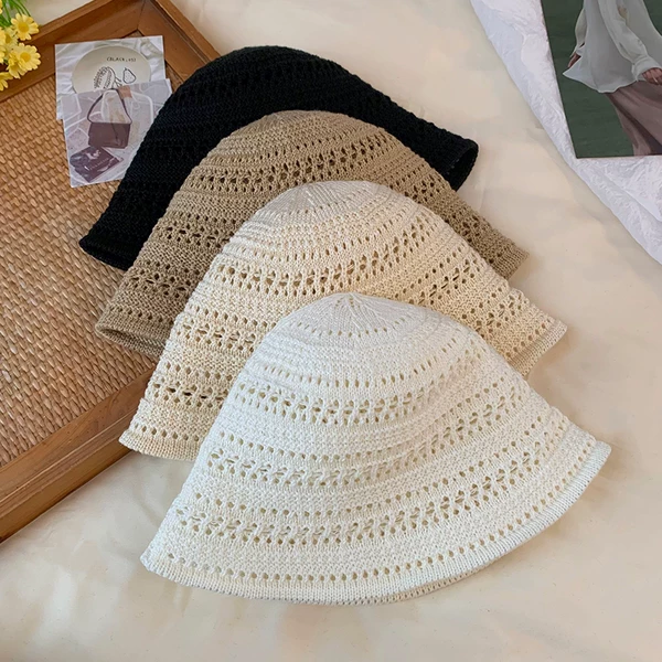 Japanese-Style Solid Color Knitted Hollow-Out Fisherman Hat for Women, Spring and Summer 2025 New Breathable Sunshade Hat Bucket Hat