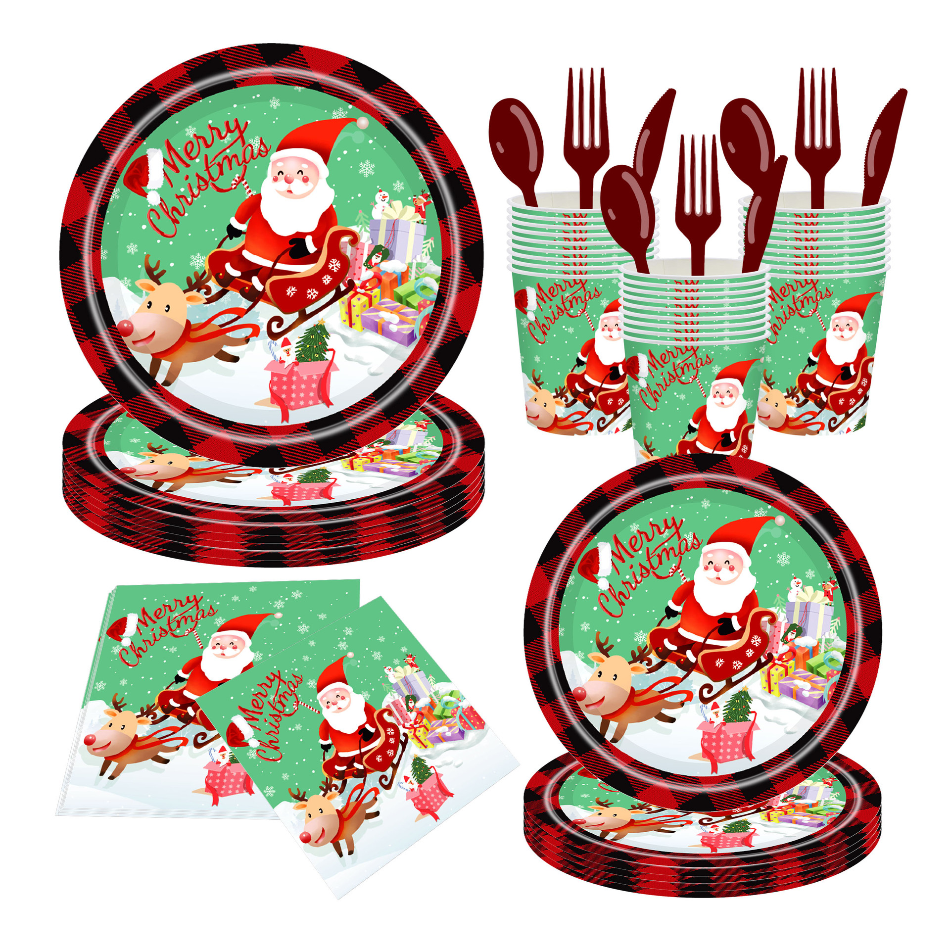 Navidad transfronteriza Papá Noel trineo de dibujos animados impresión vajilla desechable fiesta taza de papel tisú plato