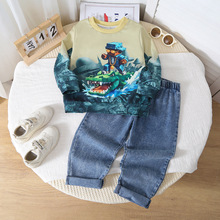 跨境爆款秋季新款儿童卫衣套装男童卡通圆领卫衣休闲牛仔裤两件套