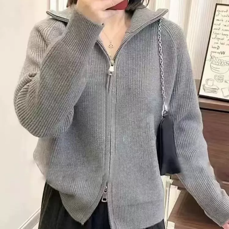 Темперамент дикий свитер вязаный кардиган женский новый внешний вид маленький топ вязаный сплошной серый