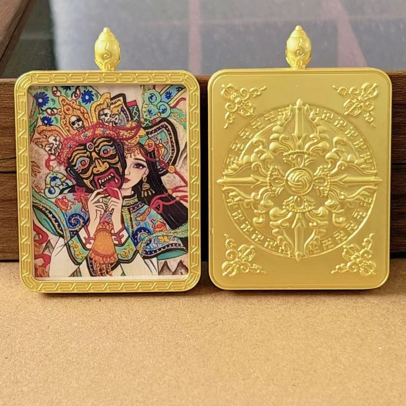 合金单双面唐卡嘎乌盒吊坠五爷文殊双面立体唐卡吞金兽边框吊坠挂|undefined