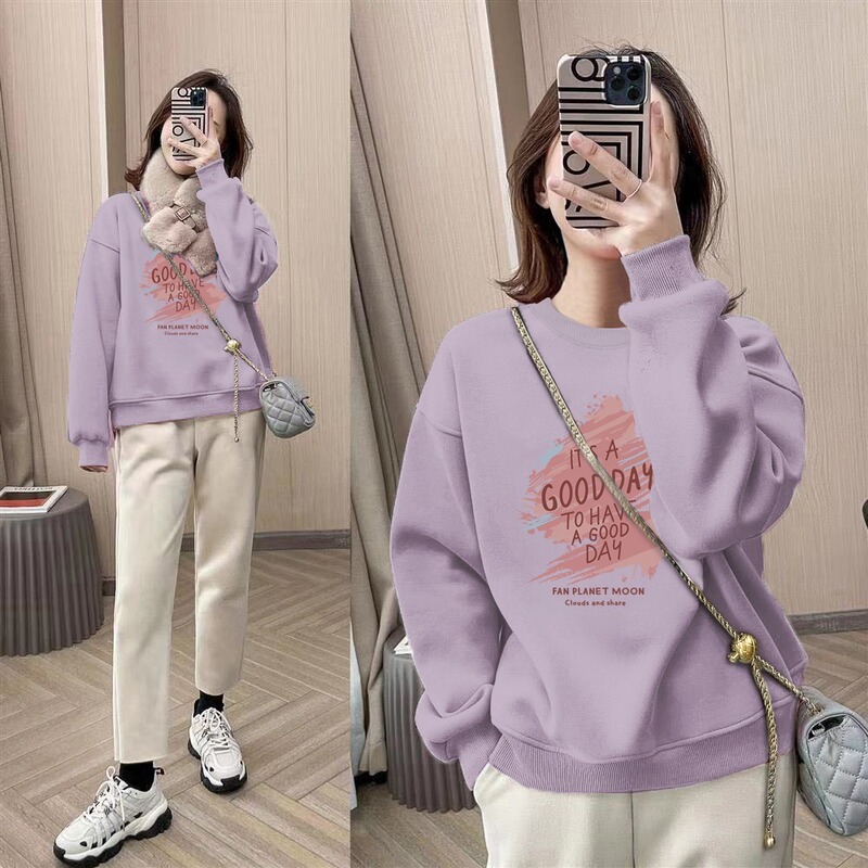 Authentic Designer Off-Season Autumn and Winter Design Round Neck Sweatshirt for Women, Fleece-Lined, Thickened, Loose Fit, Slimming Top Authentic Designer Off-Season Autumn and Winter Design Round Neck Sweatshirt for Women, Fleece-Lined, Thickened, Loose Fit, Slimming Top