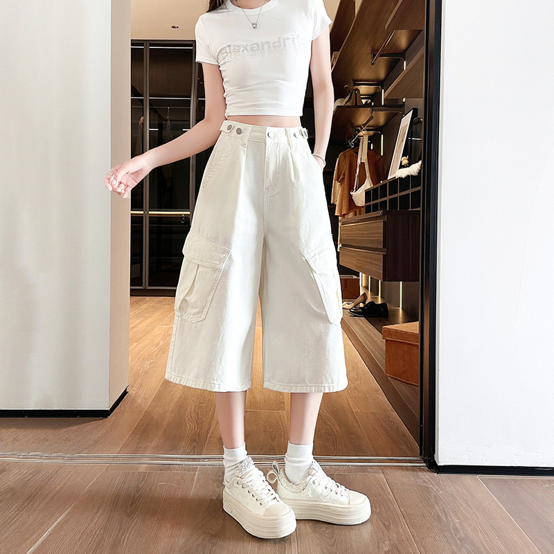 Fashionable Summer New Style Martin Loose Wide-Leg Cargo Pants for Women 2026 High-Waisted Slimming Loose Cropped Jeans