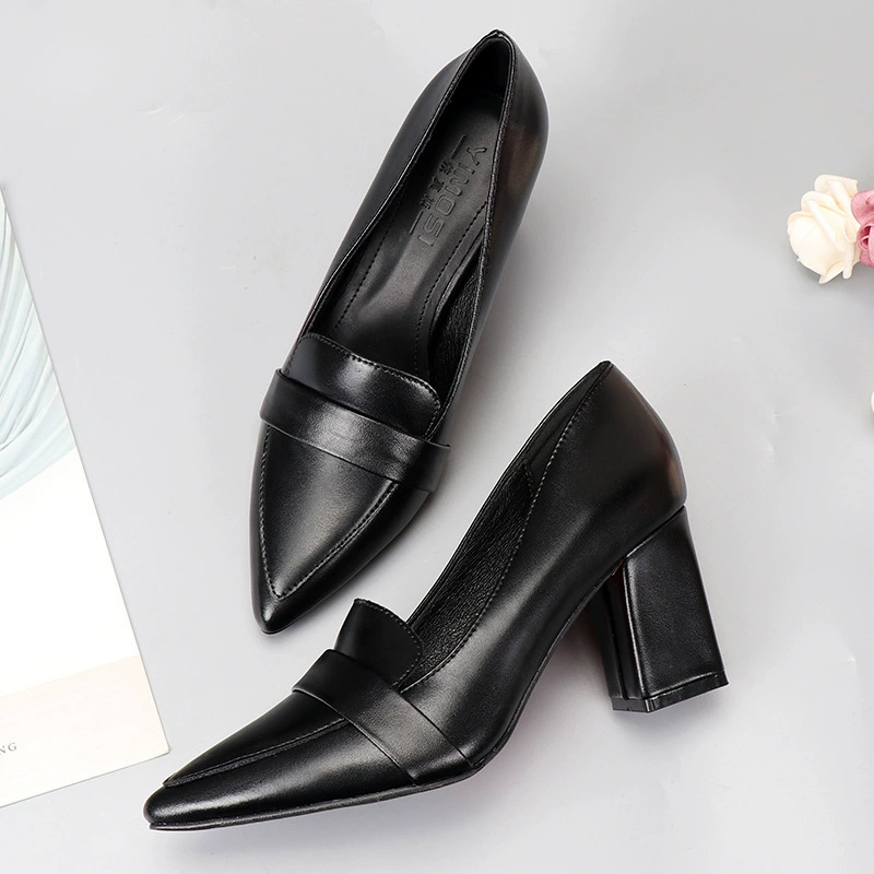 Черная Рабочая кожаная обувь на грубом каблуке Рабочая одежда Рабочая обувь 34 Рабочая обувь 33 Маленький Размер 32 Женская обувь Одиночная обувь 313233