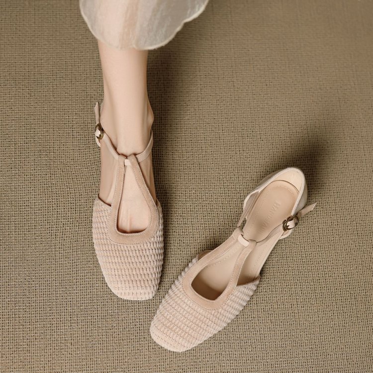 Korean-Style Elegant Socialite Fairy-Style Women's T-Strap Fashion Shoes, Square-Toe Low-Heel Suede Mary Jane Sandals