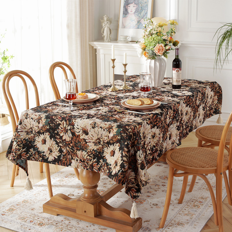 Vintage-Tischdecke aus Polyester-Baumwoll-Garn, garngefärbt, Jacquard-Ölgemälde, schwarze Gänseblümchenquasten, rechteckig, für Couchtisch und Esstisch_voghion.com