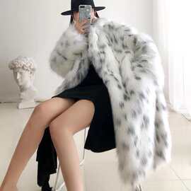 Snow Leopard Print Faux Fur Coat Women雪豹纹仿狐狸毛皮草外套