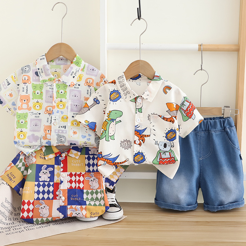 2025 new children's lapel shirt short sleeve suit girls summer boys Korean shorts children's clothing fashion