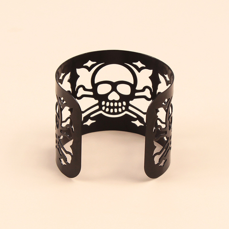 Bracelet en métal personnalisé avec tête de mort, bracelet large à manchette noire rétro punk pour Halloween_voghion.com