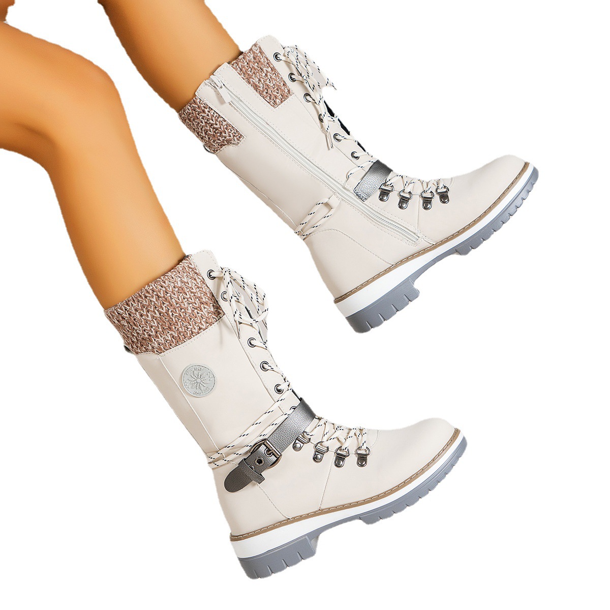 New spot large size round head high top long tube solid color lace-up boots for women_voghion.com