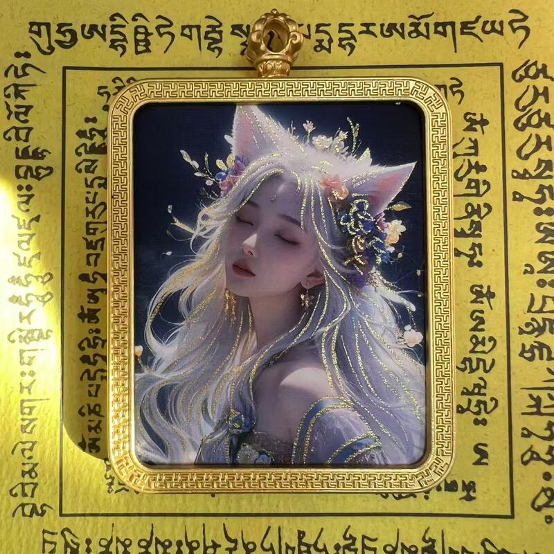 タンカ チベット手描き金塗装粗鉱石絵画コア国民トレンドペンダント九尾キツネ ザキラム ビッグブラックデーツ|undefined