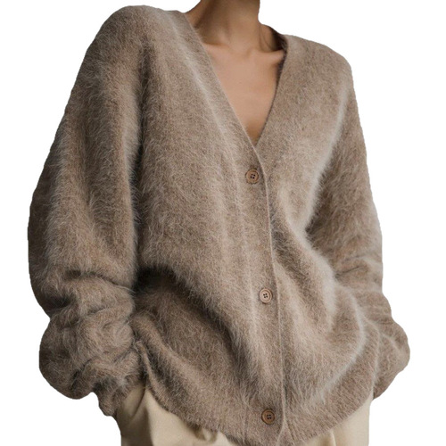 Cross-border imitation mink wool knitted sweater cardigan European and American 2025 autumn and winter lazy loose long-sleeved V-neck sweater coat women 