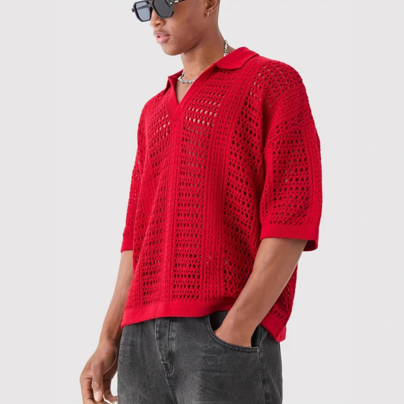 European and American Cross-border Hollow Mesh Texture Knitted Short-sleeved Polo Shirt T-shirt Men's Spring and Summer Light Mature Style Top Shirt European and American Cross-border Hollow Mesh Texture Knitted Short-sleeved Polo Shirt T-shirt Men's Spring and Summer Light Mature Style Top Shirt