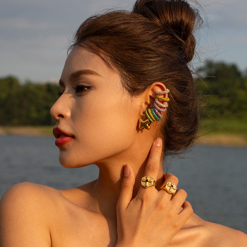 18K gold stainless steel diamond ear clip earrings earrings European and American trendy ins style creative ear clip earrings combination