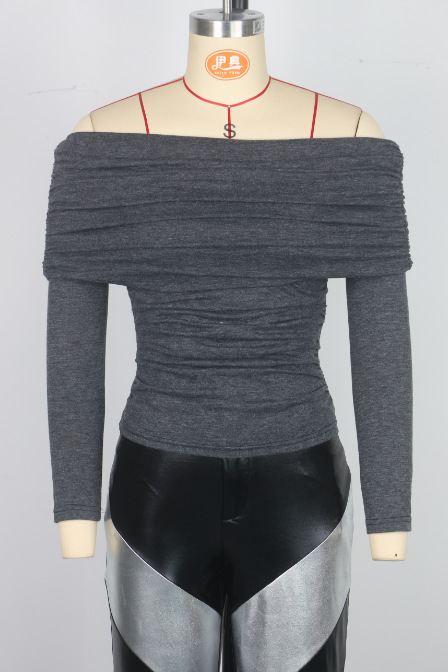Sexy Strapless Long Sleeve T shirt Solid Color Elegant Sexy Slim Fit Crop Top