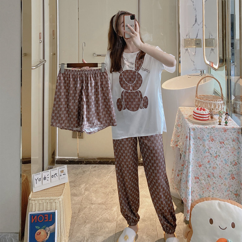 Pijamas de verano transfronterizos pijamas de leche de seda de tres piezas set de dibujos animados comercio exterior ropa para el hogar pantalones de mangas cortas lindos