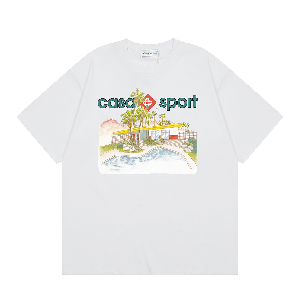 Transfronterizo 2024 primavera y verano nuevo estilo Casablanca Casablanca LOGO estampado hombres y mujeres camiseta suelta de manga corta
