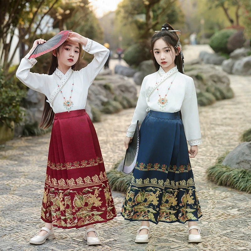 2024 новый высококачественный жилет-юбка для девочек костюм в китайском стиле Новый китайский стиль Улучшенный древний костюм с эластичной талией древний стиль ханьфу