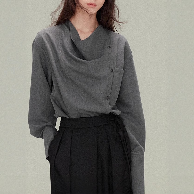 Vintage Relaxed Swing Collar Shirt Asymmetrical Design Long Sleeve Base Shirt for Women Tr Fine Slant Comfortable Autumn