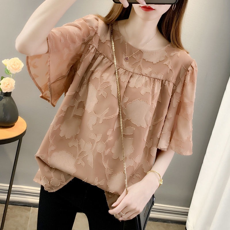 Lace Short-sleeved Chiffon Shirt Women's Spring and Summer 2025 New plus size Loose Slim Belly Covering Half-sleeved T-shirt Top Women