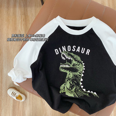 Tongchenchenma Autumn Children's Cotton T-shirt Dinosaur Boy's Clothes Long Sleeves Trendy Handsome Fashionable Contrast Color Tops Versatile