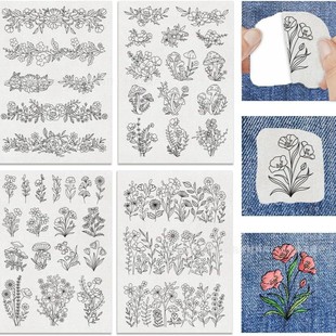 4 Sheets A4 Wildflower Floral Plant Pattern Non-Woven Fabric Handmade Water-Soluble Self-Adhesive Embroidery Stabilizer for Clothes Shoes