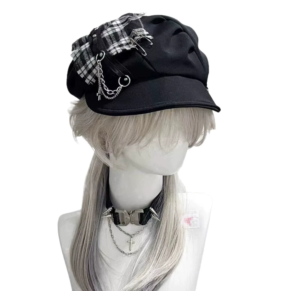 Black checkered beret, punk style, 2 carat