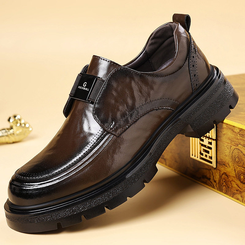 Giày da nam lười xỏ chân đế dày cổ thấp mũi tròn gót 3–5 cm — Màu nâu thời trang, kinh doanh đen