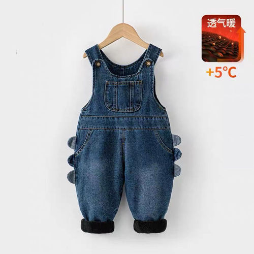 Children's Fleece Denim Overalls Autumn/Winter Version 1-3 Years Old Unisex Baby Cute Dragon Onesie Cotton Pajamas Baby Pants