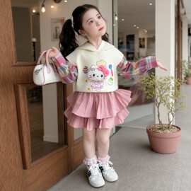 2026儿童春夏装女童半身裙蓬裙子格子拼接假两件卫衣时尚韩版可爱