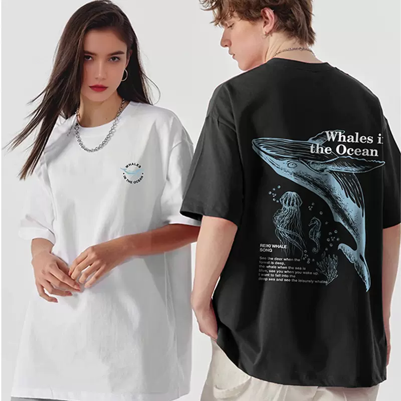 ins印花鲨鱼字母宽松休闲男女T恤衫显瘦透气舒适精梳棉T恤