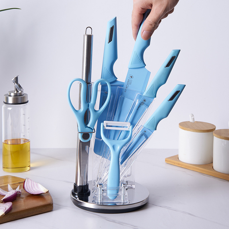 En stock fábrica Comercio exterior galvanoplastia acrílico cuchillo titular ocho piezas traje caja de regalo cuchillo conjunto de acero inoxidable aerosol pintura cuchillo cinturón