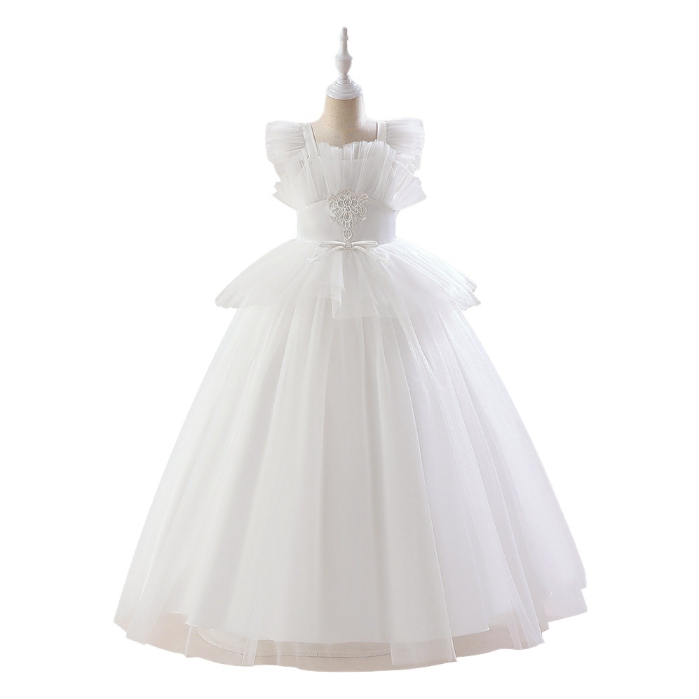 Amazon nuevo vestido de niños medianos y grandes vestido de princesa Correa blanca vestido de noche de manga pequeña de vuelo pettiskirt de malla ajustada a la cintura
