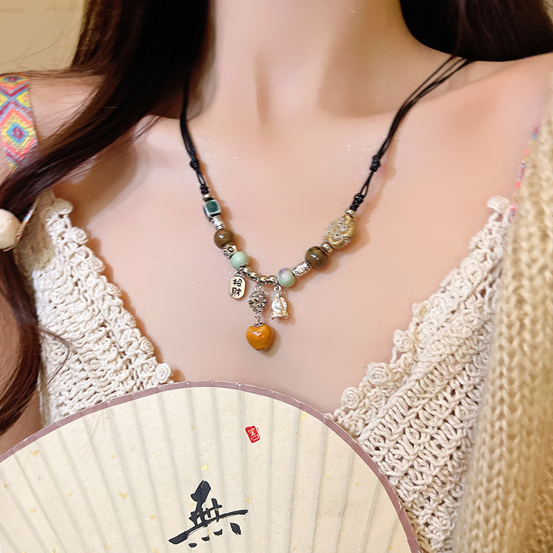 新中国式レトロ陶磁器数珠ネックレス女性禅意風百合漢服編み縄首鎖爆金個性装飾|undefined