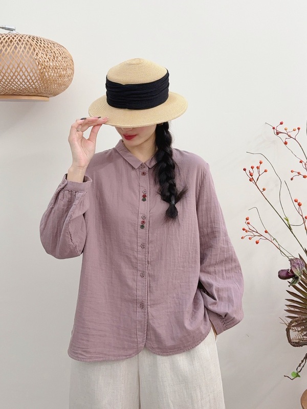 日系森女双层纱单排扣门襟刺绣花朵翻领宽松版气质小衫休闲上衣女|undefined