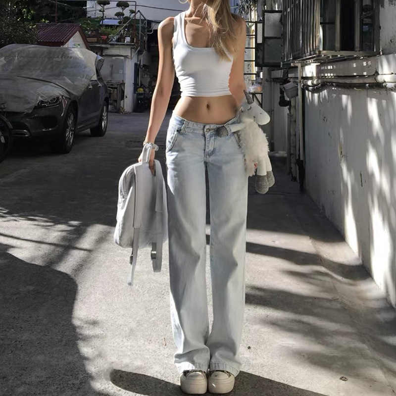 Retro American Light Blue Straight Jeans for Women Autum and Winter 2025 New Low-Waist Loose Slightly Flared Floor-Length Pants