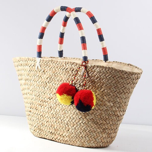 Bohemian Large Capacity Grass Woven Bag New Plush Ball Tote Shoulder Weaving Bag Vacation Beach Bag Handbag for Women
