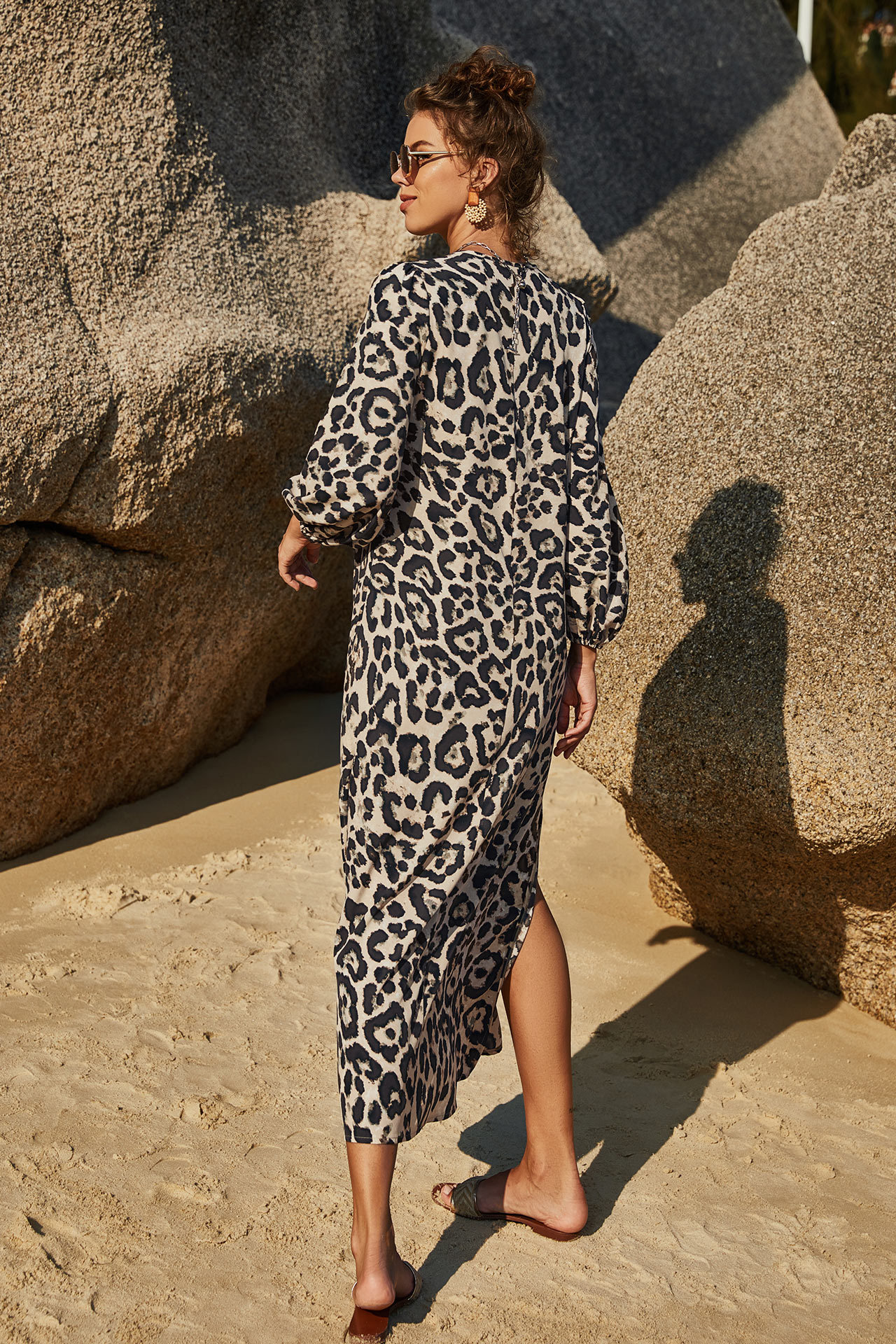 leopard print long sleeve split dress  NSLM42563