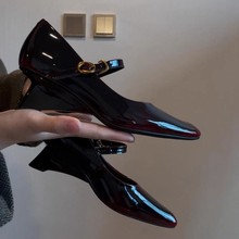 羊皮版~新款琥珀玛丽珍鞋女一字扣坡跟方头小皮鞋高跟真皮小单鞋