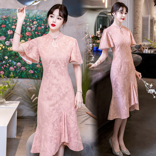 Women Pink Chinese dress Oriental Retro Qipao Cheongsam model show miss etiquette dress young elegant temperament of restoring ancient ways improved cheongsam bud silk dress