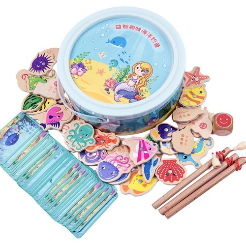 Children's fishing toy set magnetic fish wooden 1-2-3 year old baby fish card multifunctional intellectual game