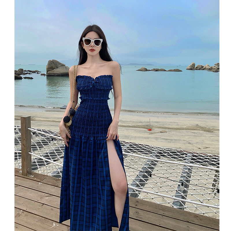Blue Plaid tube top dress women's summer travel holiday sexy split dress beautiful skirt seaside skirt