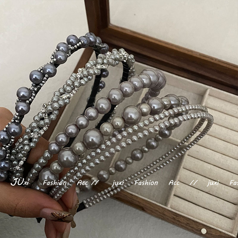 優雅灰色珍珠高級感發箍女新款洋氣高顱頂頭箍法式復古髮飾品女