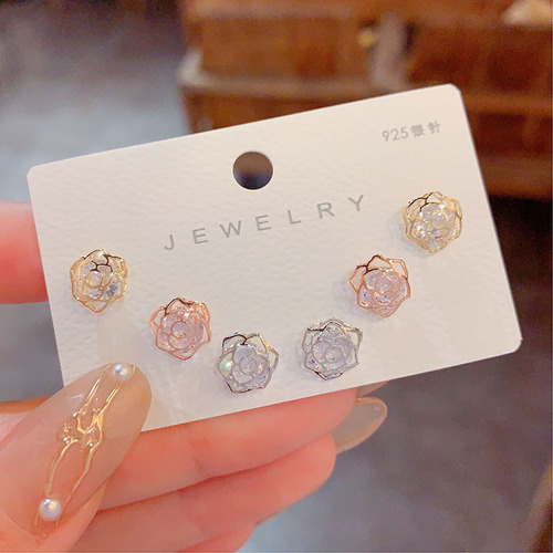 S925 Silver Needle Diamond Rose Combination Three-Piece Earrings for Women - Exquisite and Compact, Versatile Earrings with a Sense of Design