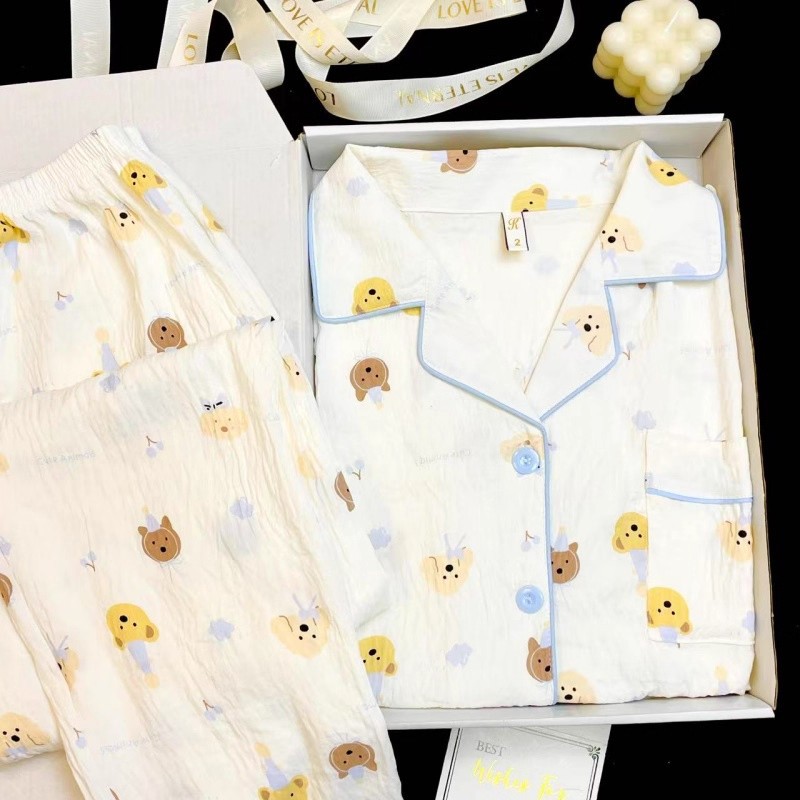 Pijamas de primavera y otoño al por mayor transfronterizos de estrellas y luna dulces pantalones cardigans de manga larga se pueden usar con un conjunto de ropa de casa