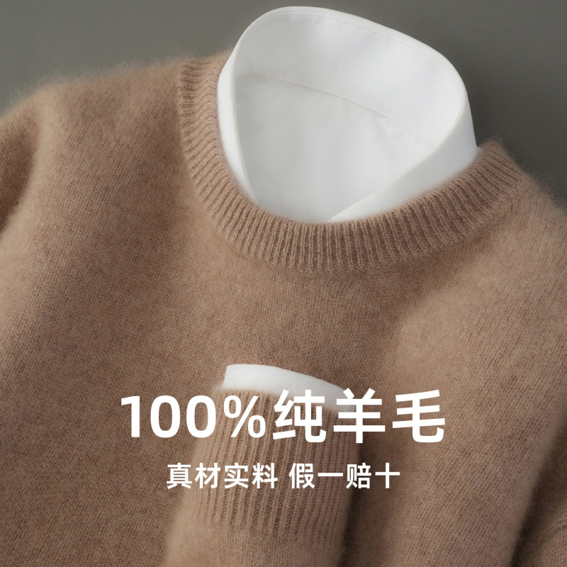 Men's Wool Sweater 100% Pure Wool Round Neck Knit Sweater Loose Pullover Base Shirt Cashmere Sweater for Autumn and Winter