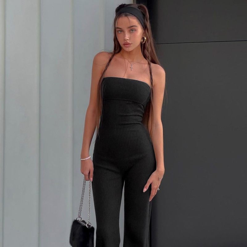 Women Clothing Spring Summer Slim Solid Color Tube Top Jumpsuit