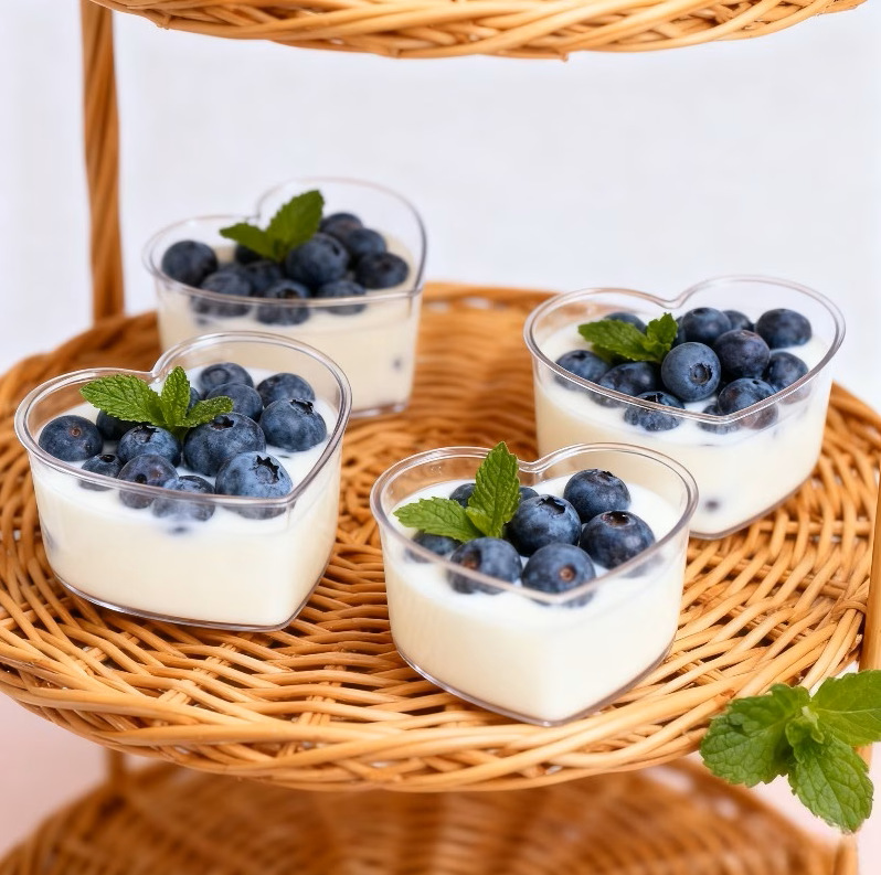 Birdəfəlik şəffaf desert qabı, ürək formalı puding və mousse stəkanı
